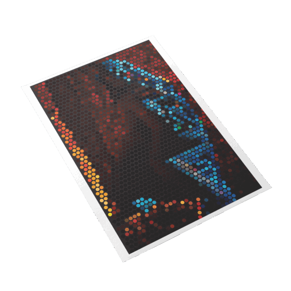 An abstract artwork titled "Embrace in Motion" showcasing dynamic, fluid patterns in vibrant blues, fiery oranges, and soft yellows, interwoven to create a sense of movement and connection, resembling a dance of colors on a canvas.